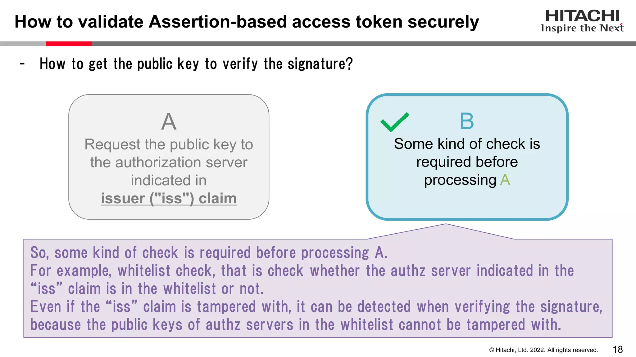 18
© Hitachi, Ltd. 2022. All rights reserved.
How to validate Assertion-based access token securely
- How to get the public key to verify the signature?
A
Request the public key to
the authorization server
indicated in
issuer ("iss") claim
B
Some kind of check is
required before
processing A
So, some kind of check is required before processing A.
For example, whitelist check, that is check whether the authz server indicated in the
“iss” claim is in the whitelist or not.
Even if the “iss” claim is tampered with, it can be detected when verifying the signature,
because the public keys of authz servers in the whitelist cannot be tampered with.
 