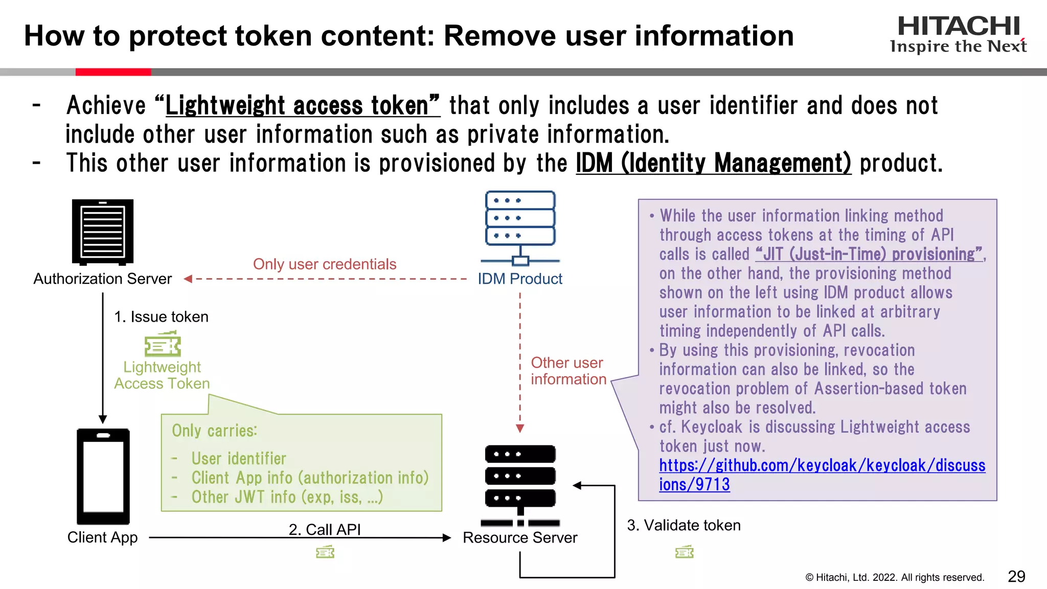 29
© Hitachi, Ltd. 2022. All rights reserved.
How to protect token content: Remove user information
- Achieve “Lightweight access token” that only includes a user identifier and does not
include other user information such as private information.
- This other user information is provisioned by the IDM (Identity Management) product.
Authorization Server
Lightweight
Access Token
Resource Server
Client App
1. Issue token
2. Call API 3. Validate token
IDM Product
Only user credentials
Other user
information
Only carries:
- User identifier
- Client App info (authorization info)
- Other JWT info (exp, iss, ...)
• While the user information linking method
through access tokens at the timing of API
calls is called “JIT (Just-in-Time) provisioning”,
on the other hand, the provisioning method
shown on the left using IDM product allows
user information to be linked at arbitrary
timing independently of API calls.
• By using this provisioning, revocation
information can also be linked, so the
revocation problem of Assertion-based token
might also be resolved.
• cf. Keycloak is discussing Lightweight access
token just now.
https://github.com/keycloak/keycloak/discuss
ions/9713
 