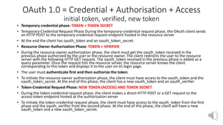 OAuth 1.0 = Credential + Authorisation + Access
initial token, verified, new token
• Temporary credential phase: TOKEN + TOKEN SECRET
• Temporary-Credential Request Phase During the temporary-credential request phase, the OAuth client sends
an HTTP POST to the temporary-credential request endpoint hosted in the resource server
• At the end the client has oauth_token and an oauth_token_secret.
• Resource-Owner Authorization Phase: TOKEN + VERIFIER
• During the resource-owner authorization phase, the client must get the oauth_token received in the
previous phase authorized by the user or the resource owner. The client redirects the user to the resource
server with the following HTTP GET request. The oauth_token received in the previous phase is added as a
query parameter. Once the request hits the resource server, the resource server knows the client
corresponding to this token and displays it to the user on its login page.
• The user must authenticate first and then authorize the token.
• To initiate the resource-owner authorization phase, the client must have access to the oauth_token and the
oauth_token_secret. At the end of this phase, the client has a new oauth_token and an oauth_verifier
• Token-Credential Request Phase: NEW TOKEN (ACCESS) AND TOKEN SECRET
• During the token-credential request phase, the client makes a direct HTTP POST or a GET request to the
access-token endpoint hosted at the authorization server
• To initiate the token-credential request phase, the client must have access to the oauth_token from the first
phase and the oauth_verifier from the second phase. At the end of this phase, the client will have a new
oauth_token and a new oauth_token_secret.
 