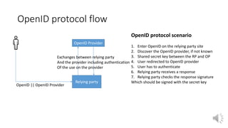 OpenID protocol flow
Relying party
OpenID || OpenID Provider
OpenID Provider
OpenID protocol scenario
1. Enter OpenID on the relying party site
2. Discover the OpenID provider, if not known
3. Shared secret key between the RP and OP
4. User redirected to OpenID provider
5. User has to authenticate
6. Relying party receives a response
7. Relying party checks the response signature
Which should be signed with the secret key
Exchanges between relying party
And the provider including authentication
Of the use on the provider
 