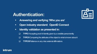 Authentication:
 Answering and verifying ‘Who you are’
 Open industry standard: OpenID Connect
 Identity validation as presented in:
 TYPE IAcceptingproofofidentitygiven byacredibleperson/entity
 TYPE IIComparingtheattributesoftheobjecttowhatisknownaboutit
 TYPE IIIRelianceonanymiscexternalaffirmations
 