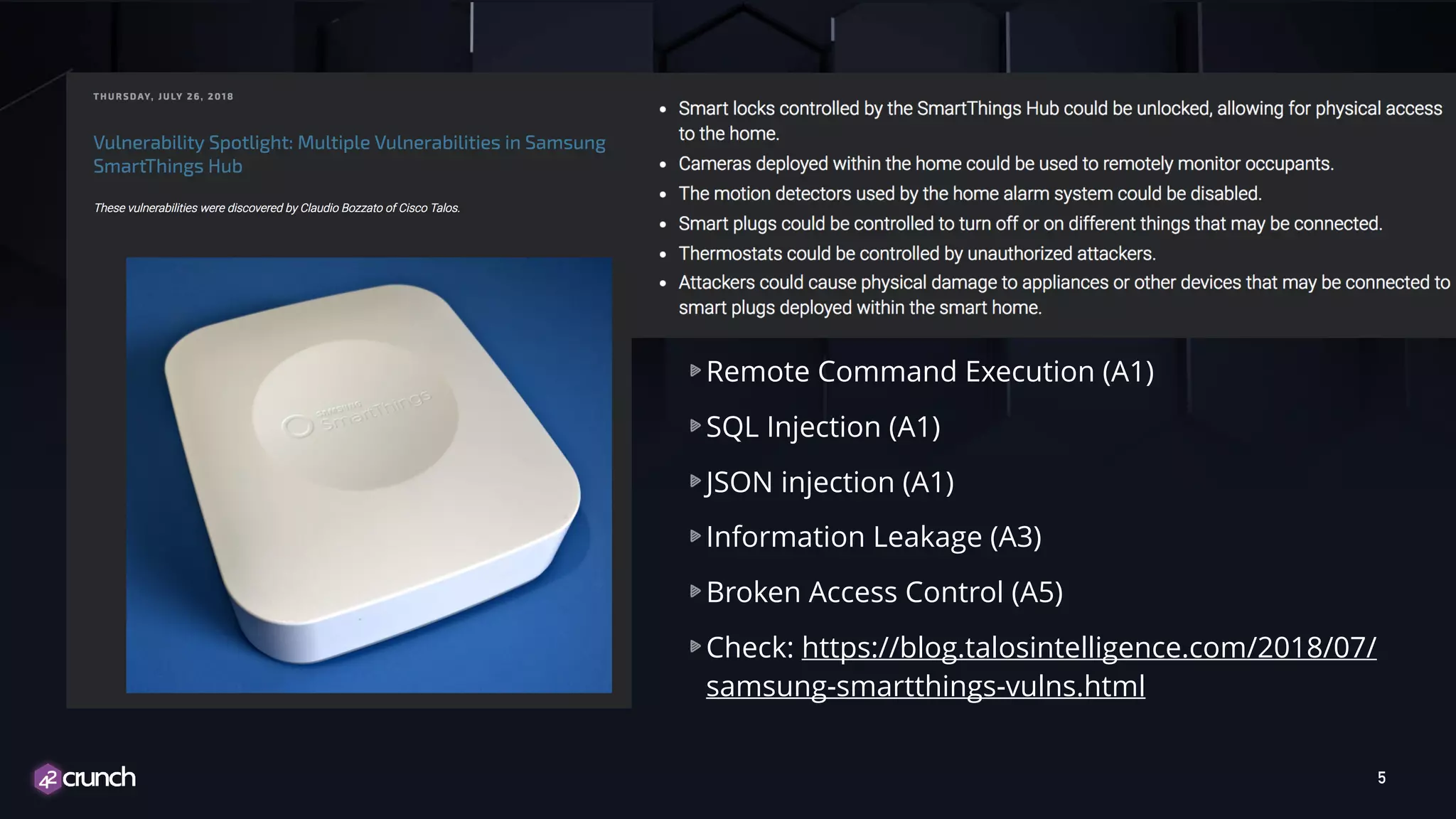 TITLE TEXT Remote Command Execution (A1) SQL Injection (A1) JSON injection (A1) Information Leakage (A3) Broken Access Control (A5) Check: https://blog.talosintelligence.com/2018/07/ samsung-smartthings-vulns.html 5 