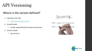 API Versioning
Where is the version defined?
1. Explicitly in the URL
• http://api.example.com/v1
2. Accept header.
• Accept: application/name-space.version+json
3. Custom header
• api-version:1
 