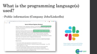 What is the programming language(s)
used?
• Public information (Company Jobs/LinkedIn)
https://slack.com/careers/273588/s
enior-software-engineer-backend
 
