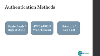Authentication Methods
Basic Auth /
Digest Auth
JWT (JSON
Web Token)
OAuth 1 /
1.0a / 2.0
 