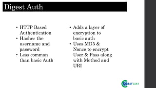 Digest Auth
• HTTP Based
Authentication
• Hashes the
username and
password
• Less common
than basic Auth
• Adds a layer of
encryption to
basic auth
• Uses MD5 &
Nonce to encrypt
User & Pass along
with Method and
URI
 