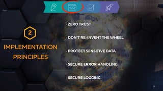 IMPLEMENTATION
PRINCIPLES
11
ZERO TRUST
DON’T RE-INVENT THE WHEEL
PROTECT SENSITIVE DATA
SECURE ERROR HANDLING
SECURE LOGGING
2
 