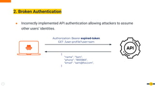 2. Broken Authentication
18
● Incorrectly implemented API authentication allowing attackers to assume
other users’ identities.
Authorization: Bearer expired-token
GET /user-proﬁle?user=sam
{
“name” : “Sam”,
“phone” : “8931883”,
“email” : “sam@foo.com”,
}
 