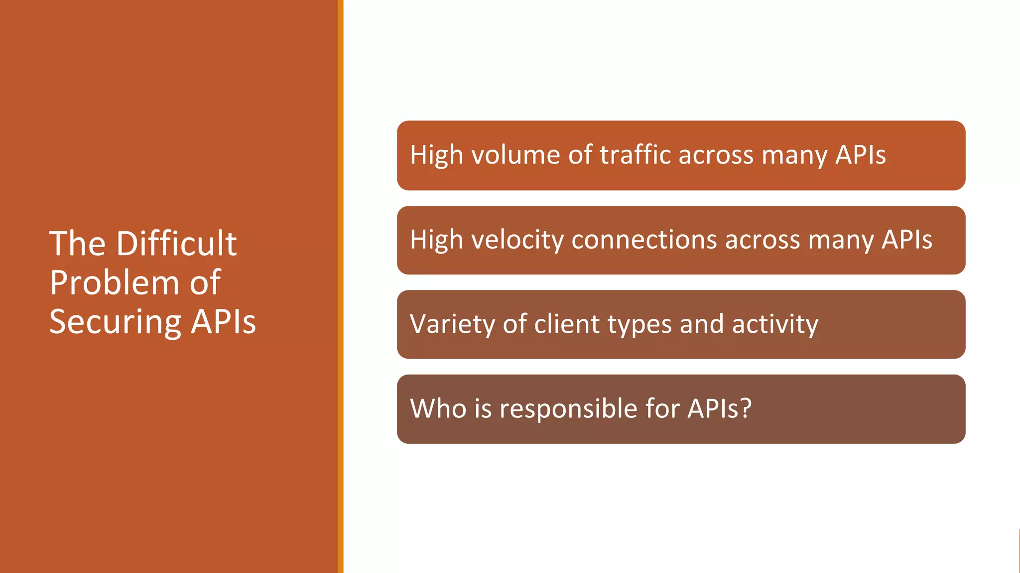 The Difficult
Problem of
Securing APIs
High volume of traffic across many APIs
High velocity connections across many APIs
Variety of client types and activity
Who is responsible for APIs?
 