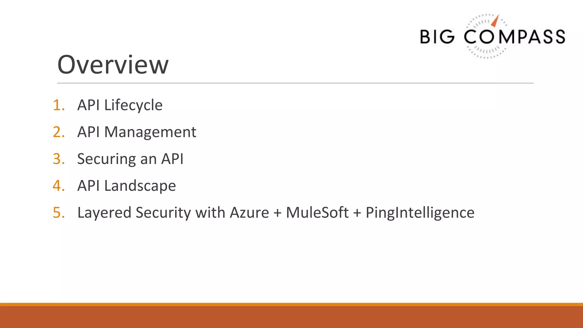 Overview
1. API Lifecycle
2. API Management
3. Securing an API
4. API Landscape
5. Layered Security with Azure + MuleSoft + PingIntelligence
 