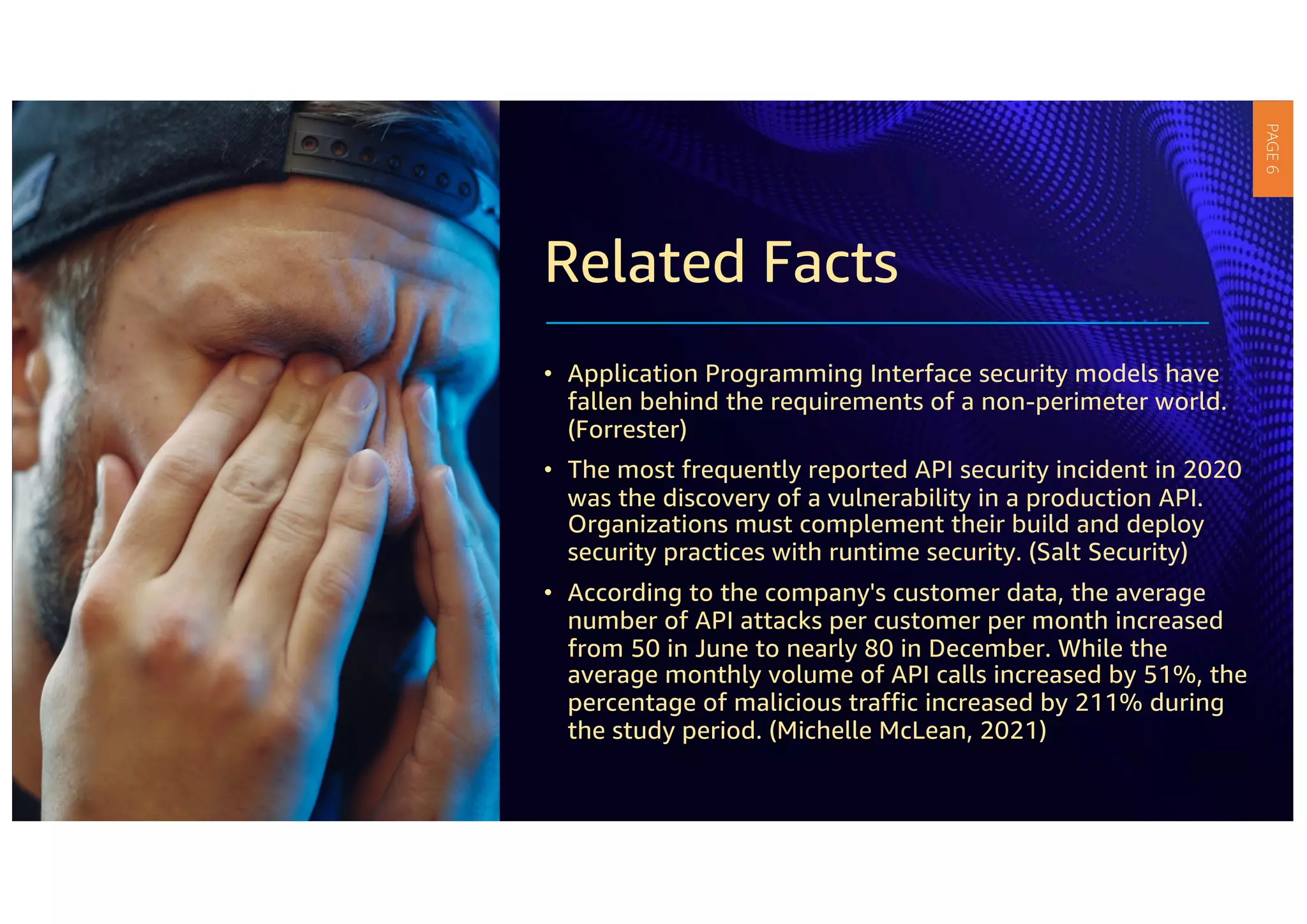 Related Facts
• Application Programming Interface security models have
fallen behind the requirements of a non-perimeter world.
(Forrester)
• The most frequently reported API security incident in 2020
was the discovery of a vulnerability in a production API.
Organizations must complement their build and deploy
security practices with runtime security. (Salt Security)
• According to the company's customer data, the average
number of API attacks per customer per month increased
from 50 in June to nearly 80 in December. While the
average monthly volume of API calls increased by 51%, the
percentage of malicious traffic increased by 211% during
the study period. (Michelle McLean, 2021)
PAGE
6
 
