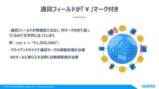 © 2018 CData Software Japan, LLC | www.cdata.com/jp
通貨フィールドが「￥」マーク付き
・通貨フィールドが数値型ではなく、円マーク付きで返っ
てくるので文字列になってしまう
例：var x = “1,000,000”;
・クライアントサイドで通貨マークの調整処理が必要
・BIツールに取り入れる時には数値変換が必要
 