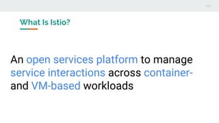 What Is Istio?
An open services platform to manage
service interactions across container-
and VM-based workloads
 