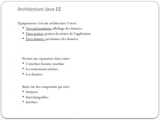 Architecture Java EE
Typiquement c’est une architecture 3-tiers:
 Tiers présentation: affichage des données
 Tiers métier: gestion du métier de l’application
 Tiers donnée: persistance des données
Permet une séparation claire entre:
 L’interface homme-machine
 Les traitements métiers
 Les données
Basée sur des composants qui sont:
 Distincts
 Interchangeables
 distribués
 