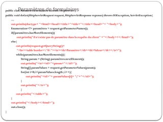 Paramètres de formulaires
public class ParametresFormulaire extends HttpServlet {
public void doGet(HttpServletRequest request, HttpServletResponse reponse) throws IOException, ServletException{
…
out.println(doctype+ "<html><head><title>"+title+"</title><head>"+ "<body>");
Enumeration<?> paramètres = request.getParameterNames();
if(!paramètres.hasMoreElements())
out.println("il n'existe pas de paramètre dans la requête du client" +"</body>+</html>");
else{
out.println(request.getQueryString()+
"<br><table border="0"><tr><th>Paramètre</th><th>Valeur</th></tr>");
while(paramètres.hasMoreElements()){
String param = (String) paramètres.nextElement();
out.println("<tr><td>"+param+"</td>");
String[] paramValues = request.getParameterValues(param);
for(int i=0; i<paramValues.length ; i++){
out.println("<td>"+ paramValues[i]+ ";"+"</td>");
}
out.println("</tr>");
}
out.println("</table>");
}
out.println("</body></html>");
out.close();
}
 