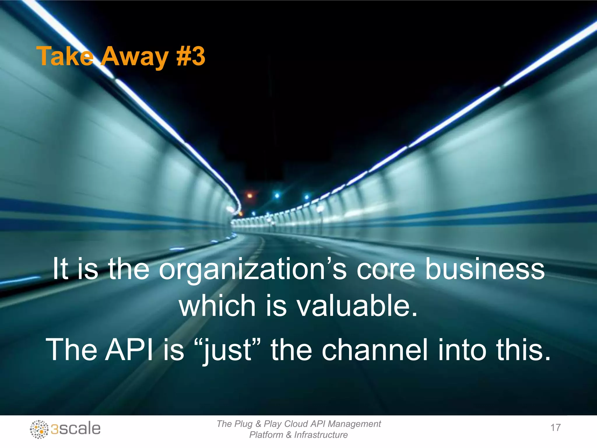 Take Away #3




It is the organization‟s core business
           which is valuable.
The API is “just” the channel into this.

               The Plug & Play Cloud API Management   17
                      Platform & Infrastructure
 