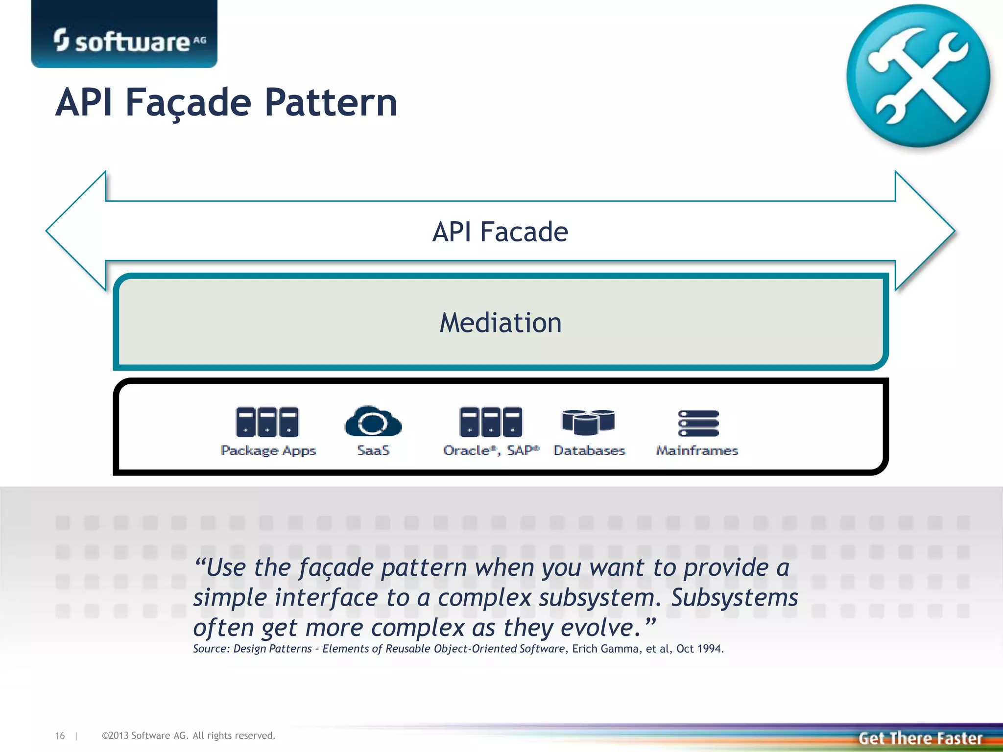 ©2013 Software AG. All rights reserved.16 |
API Façade Pattern
Mediation
API Facade
“Use the façade pattern when you want to provide a
simple interface to a complex subsystem. Subsystems
often get more complex as they evolve.”
Source: Design Patterns – Elements of Reusable Object-Oriented Software, Erich Gamma, et al, Oct 1994.
 