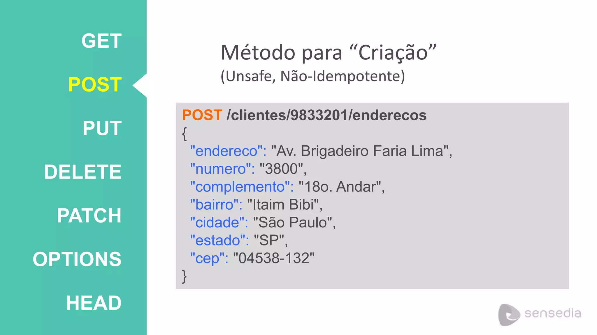 Método para “Criação” 
(Unsafe, Não-Idempotente) 
POST /clientes/9833201/enderecos 
{ 
"endereco": "Av. Brigadeiro Faria Lima", 
"numero": "3800", 
"complemento": "18o. Andar", 
"bairro": "Itaim Bibi", 
"cidade": "São Paulo", 
"estado": "SP", 
"cep": "04538-132" 
} 
GET 
POST 
PUT 
DELETE 
PATCH 
OPTIONS 
HEAD 
 
