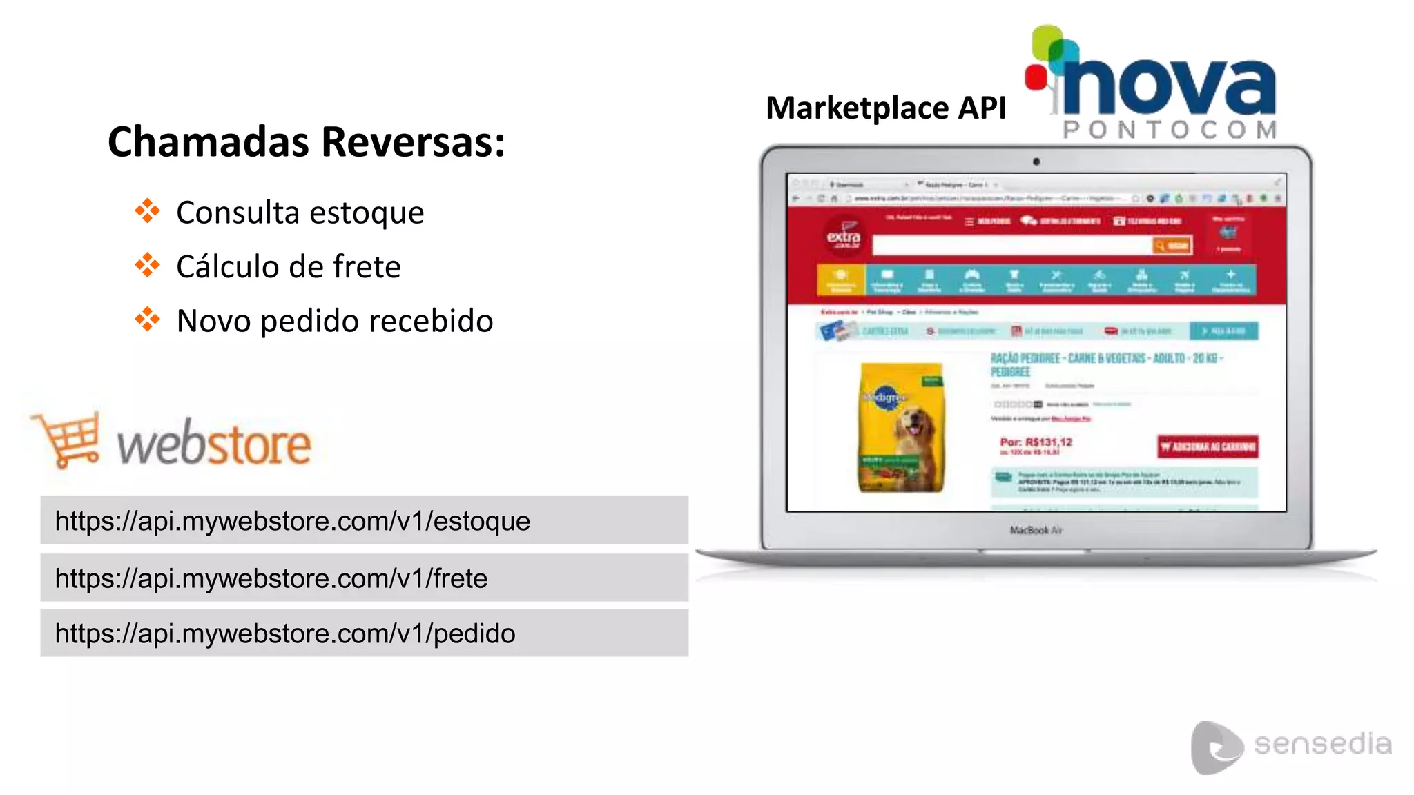 Marketplace API 
Chamadas Reversas: 
 Consulta estoque 
 Cálculo de frete 
 Novo pedido recebido 
https://api.mywebstore.com/v1/estoque 
https://api.mywebstore.com/v1/frete 
https://api.mywebstore.com/v1/pedido 
 
