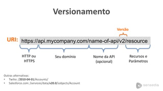 Versionamento 
Versão 
URI: https://api.mycompany.com/name-of-api/v2/resource 
HTTP ou 
HTTPS 
Seu domínio Nome da API 
(opcional) 
Recursos e 
Parâmetros 
Outras alternativas: 
• Twilio: /2010-04-01/Accounts/ 
• Salesforce.com: /services/data/v20.0/sobjects/Account 
 