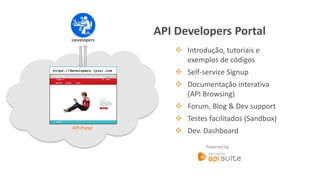 Developers 
https://developers.[you].com 
API Portal 
API Developers Portal 
 Introdução, tutoriais e 
exemplos de códigos 
 Self-service Signup 
 Documentação interativa 
(API Browsing) 
 Forum, Blog & Dev support 
 Testes facilitados (Sandbox) 
 Dev. Dashboard 
Powered by 
 