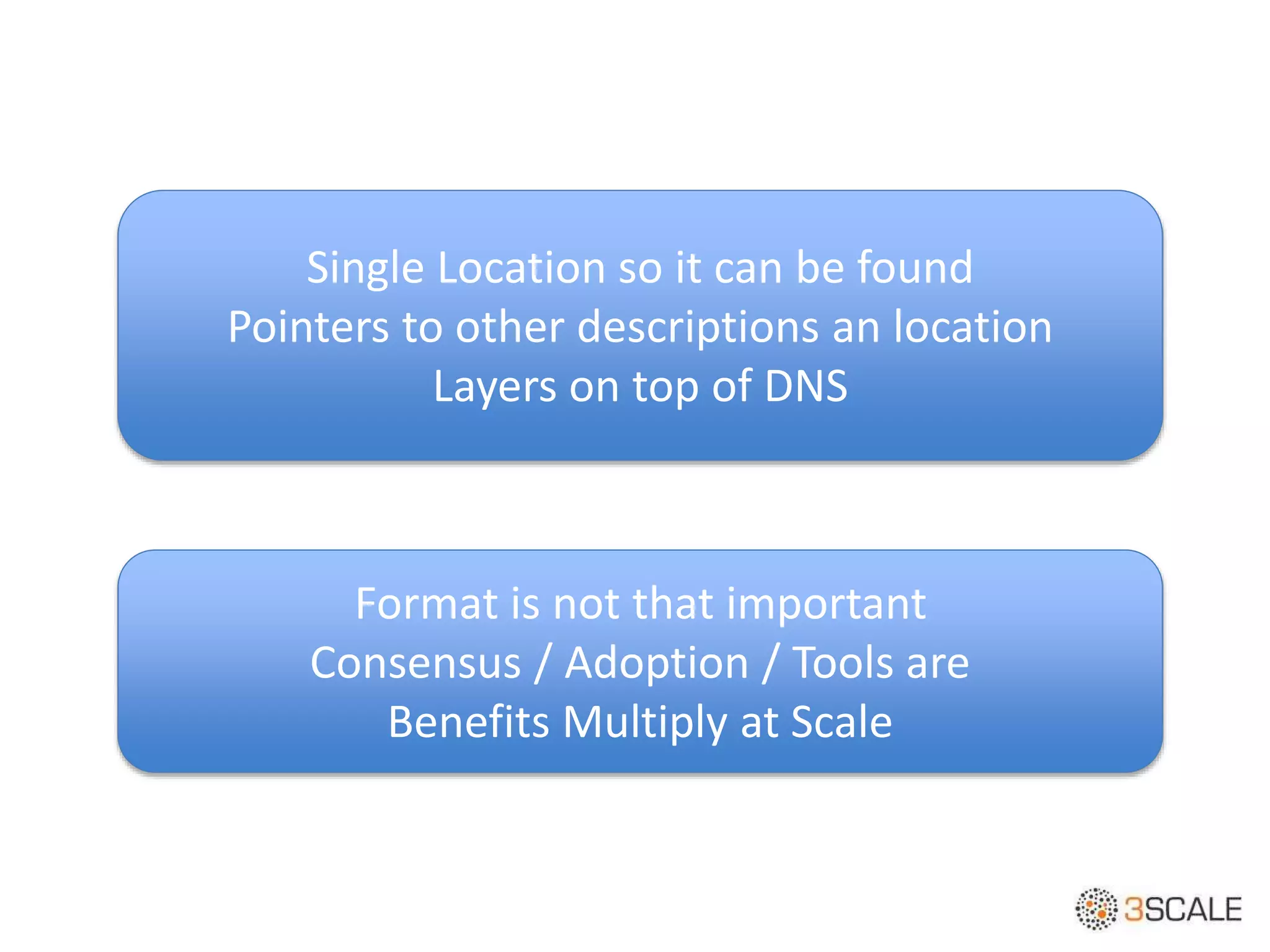 Single Location so it can be found
Pointers to other descriptions an location
Layers on top of DNS
Format is not that important
Consensus / Adoption / Tools are
Benefits Multiply at Scale
 