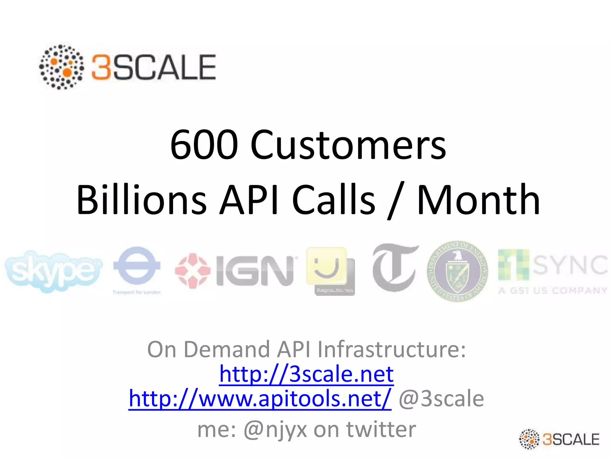On Demand API Infrastructure:
http://3scale.net
http://www.apitools.net/ @3scale
me: @njyx on twitter
600 Customers
Billions API Calls / Month
 