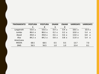 TRATAMIENTO POSTURA POSTURA ENJAM ENJAM VARROAP1 VARROAP2
1 2 1 2
Langstroth 53.6 a 53.6 a 0.4 a 0.4 a 18.6 a 10.4 a
Jumbo 86.6 a 86.6 a 0.2 a 0.2 a 10.8 a 5.4 a
Ataúd 49.8 a 49.8 a 0.6 a 0.6 a 13.8 a 6.8 a
Alza 84.2 a 84.2 a 0.8 a 0.8 a 11.8 a 5.4 a
Americana
MEDIA 68.5 68.5 0.5 0.5 13.7 7.0
DMS 56.5 56.5 1.0 1.0 15.4 8.1
 