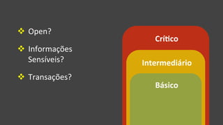 Básico	
  
Intermediário	
  
CríUco	
  
v  Open?	
  
v  Informações	
  
Sensíveis?	
  
v  Transações?	
  
 