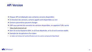 API Version
 Chaque API est déployée avec certaines versions disponibles
 En fonction des versions, certains appels sont disponibles ou non
 Certains paramètres peuvent changer
 L’API vous permet de connaitre les versions disponibles, en appelant l’URL racine
• https://auth.cloud.ovh.net
 Dans le cas du Keystone OVH, la v2.0 est dépréciée, et la v3 est la version stable
 Exemple de récupération d’un token
• Le token est la base de l’authentification vers les autres composants OpenStack
23
 