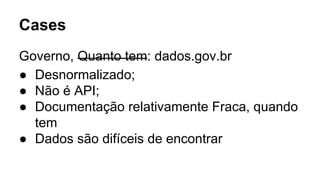 Cases 
Governo, Quanto tem: dados.gov.br 
● Desnormalizado; 
● Não é API; 
● Documentação relativamente Fraca, quando 
tem 
● Dados são difíceis de encontrar 
 