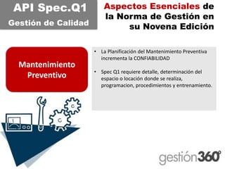 Aspectos Esenciales de la Norma de Gestión en su Novena Edición 
Mantenimiento Preventivo 
API Spec.Q1 
Gestiónde Calidad 
•La Planificación del Mantenimiento Preventiva incrementa la CONFIABILIDAD 
•SpecQ1 requiere detalle, determinación del espacio o locación donde se realiza, programacion, procedimientos y entrenamiento.  