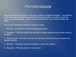 HHoommeeoossttaassiiss 
Most homeostatic mechanisms in the body is based on negative feedback. Homeostasis 
is the body's way of maintaining certain set points that govern our bodies in order for 
them to function efficiently, use their resources effectively, and to remain healthy and 
viable. 
The typical homeostatic mechanism involves 5 steps: 
1. Stimulus – An external or internal change takes place; 
2. Receptors – The body detects the external or internal change through certain sensory 
receptors; 
3. Control Center – The brain receives the information from the sensory receptors and 
signals effectors; 
4. Effectors – The body responds physically to correct the problem; 
5. Response – The body returns to it's set point. 
 