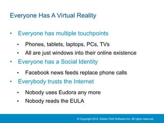 Everyone Has A Virtual Reality

•   Everyone has multiple touchpoints
    •   Phones, tablets, laptops, PCs, TVs
    •   All are just windows into their online existence
•   Everyone has a Social Identity
    •   Facebook news feeds replace phone calls
•   Everybody trusts the Internet
    •   Nobody uses Eudora any more
    •   Nobody reads the EULA


                              © Copyright 2012, Elastic Path Software Inc. All rights reserved.
 