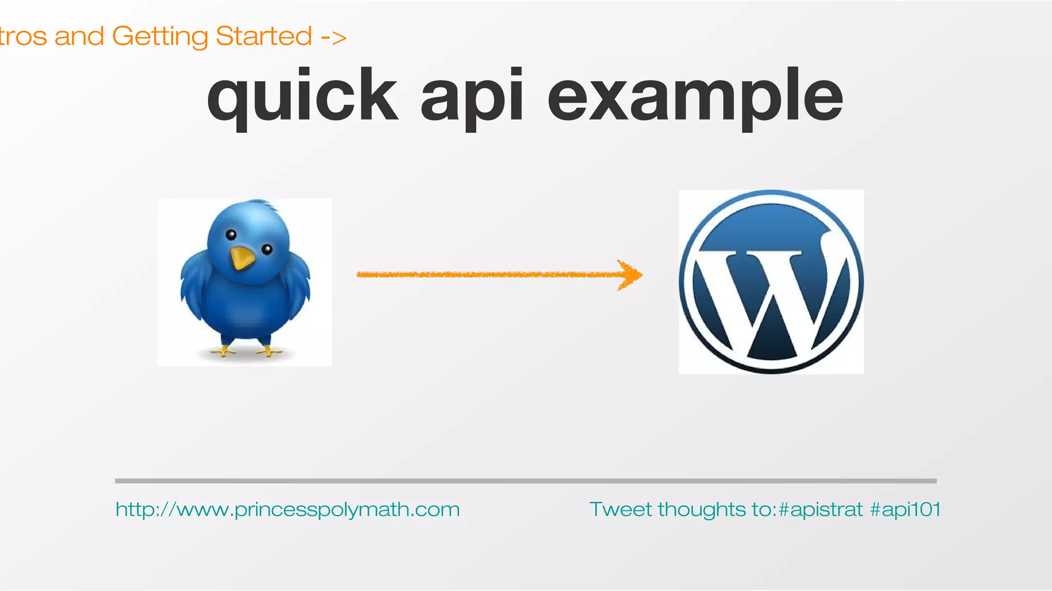 tros and Getting Started ->

quick api example

http://www.princesspolymath.com

Tweet thoughts to:#apistrat #api101

 