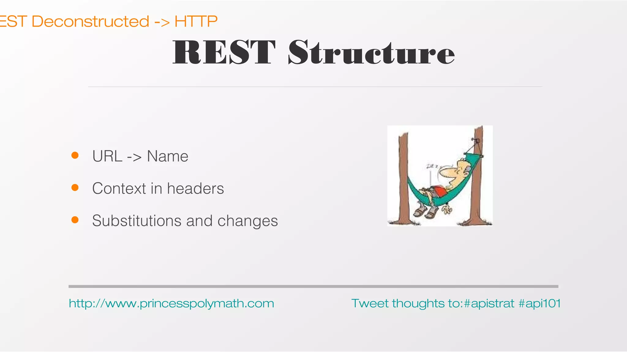 EST Deconstructed -> HTTP

REST Structure
•

URL -> Name

•

Context in headers

•

Substitutions and changes

http://www.princesspolymath.com

Tweet thoughts to:#apistrat #api101

 