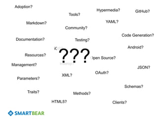 XML?
JSON?
Schemas?
YAML?Markdown?
Resources?
Traits? Methods?
Code Generation?
Testing?
Open Source?
Tools?
Documentation?
Parameters?
OAuth?
Clients?
Community?
GitHub?
Adoption?
iOS?
HTML5?
Android?
Interop?Management?
Hypermedia?
???
 