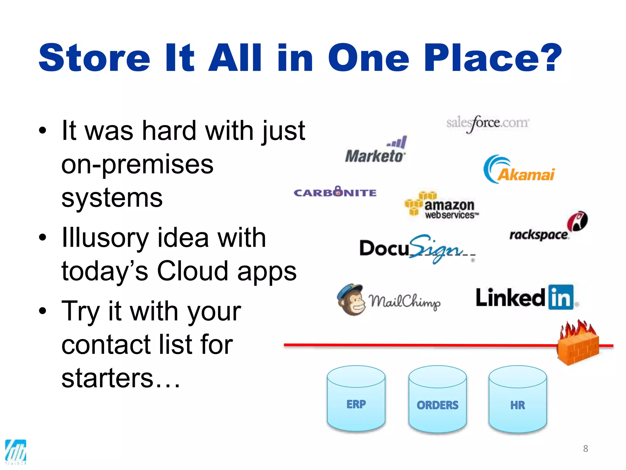 Store It All in One Place?
• It was hard with just
on-premises
systems
• Illusory idea with
today’s Cloud apps
• Try it with your
contact list for
starters…
8
 