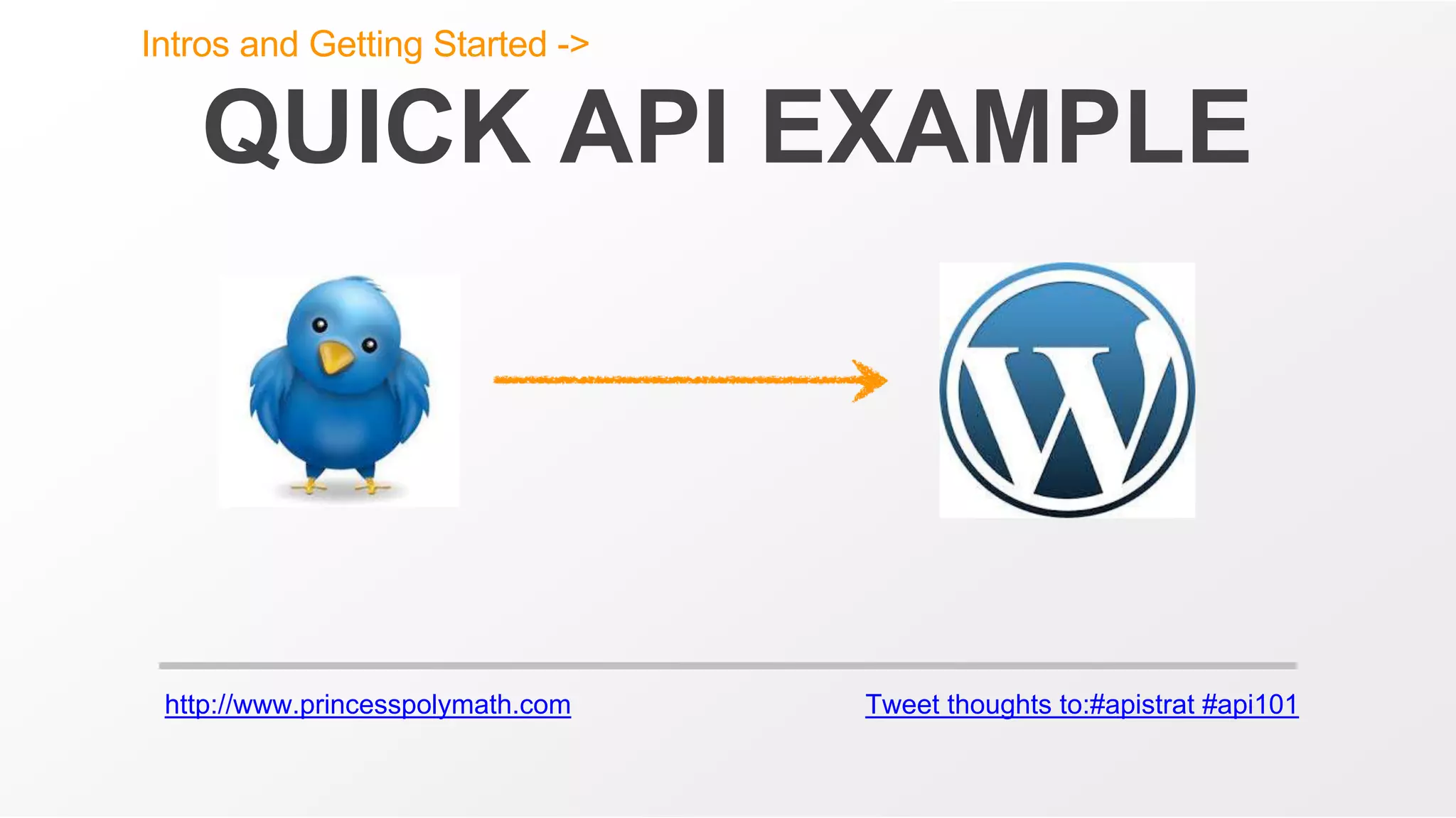 http://www.princesspolymath.com Tweet thoughts to:#apistrat #api101
QUICK API EXAMPLE
Intros and Getting Started ->
 