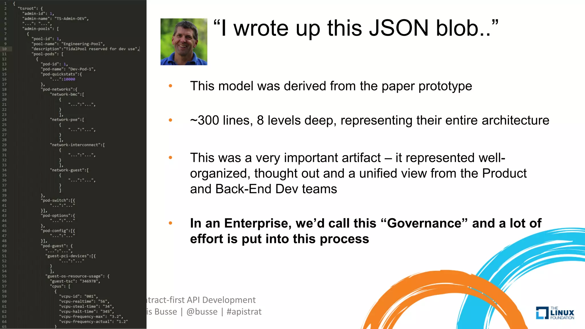 Contract-first API Development
Chris Busse | @busse | #apistrat
“I wrote up this JSON blob..”
• This model was derived from the paper prototype
• ~300 lines, 8 levels deep, representing their entire architecture
• This was a very important artifact – it represented well-
organized, thought out and a unified view from the Product
and Back-End Dev teams
• In an Enterprise, we’d call this “Governance” and a lot of
effort is put into this process
 