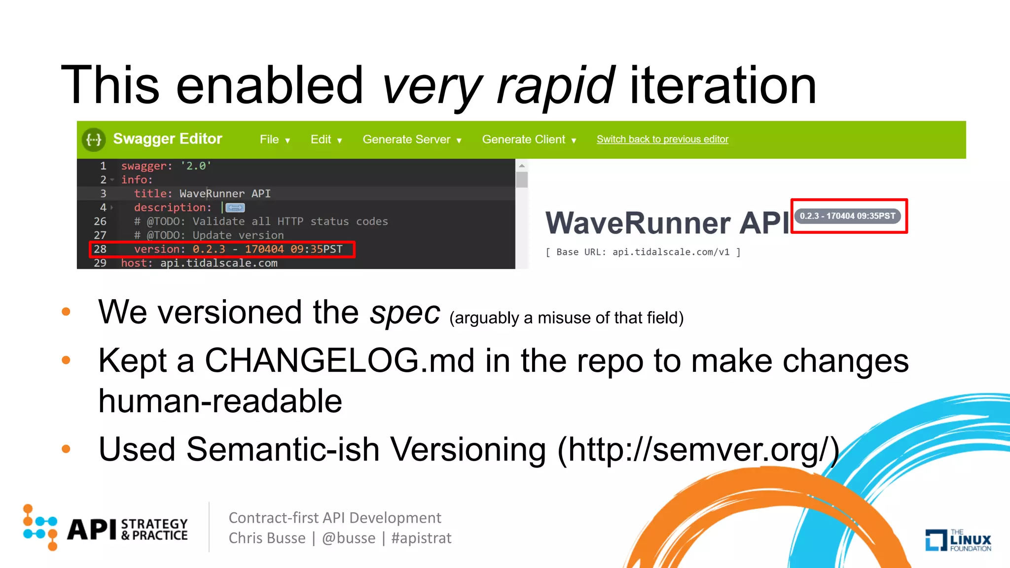 Contract-first API Development
Chris Busse | @busse | #apistrat
This enabled very rapid iteration
• We versioned the spec (arguably a misuse of that field)
• Kept a CHANGELOG.md in the repo to make changes
human-readable
• Used Semantic-ish Versioning (http://semver.org/)
 