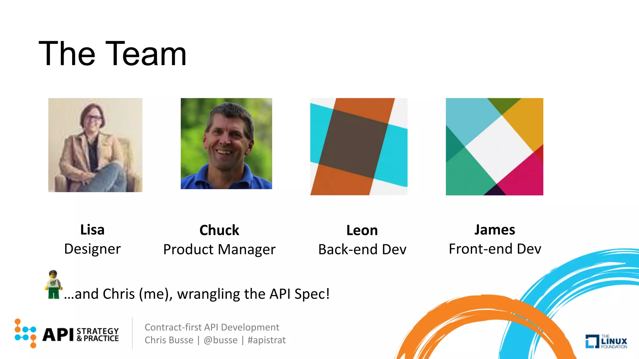 Contract-first API Development
Chris Busse | @busse | #apistrat
The Team
Lisa
Designer
Chuck
Product Manager
Leon
Back-end Dev
James
Front-end Dev
…and Chris (me), wrangling the API Spec!
 