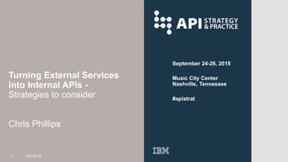 September 24-26, 2018
Music City Center
Nashville, Tennessee
#apistrat
Turning External Services
into Internal APIs -
Strategies to consider
Chris Phillips
1 10/2/2018
 