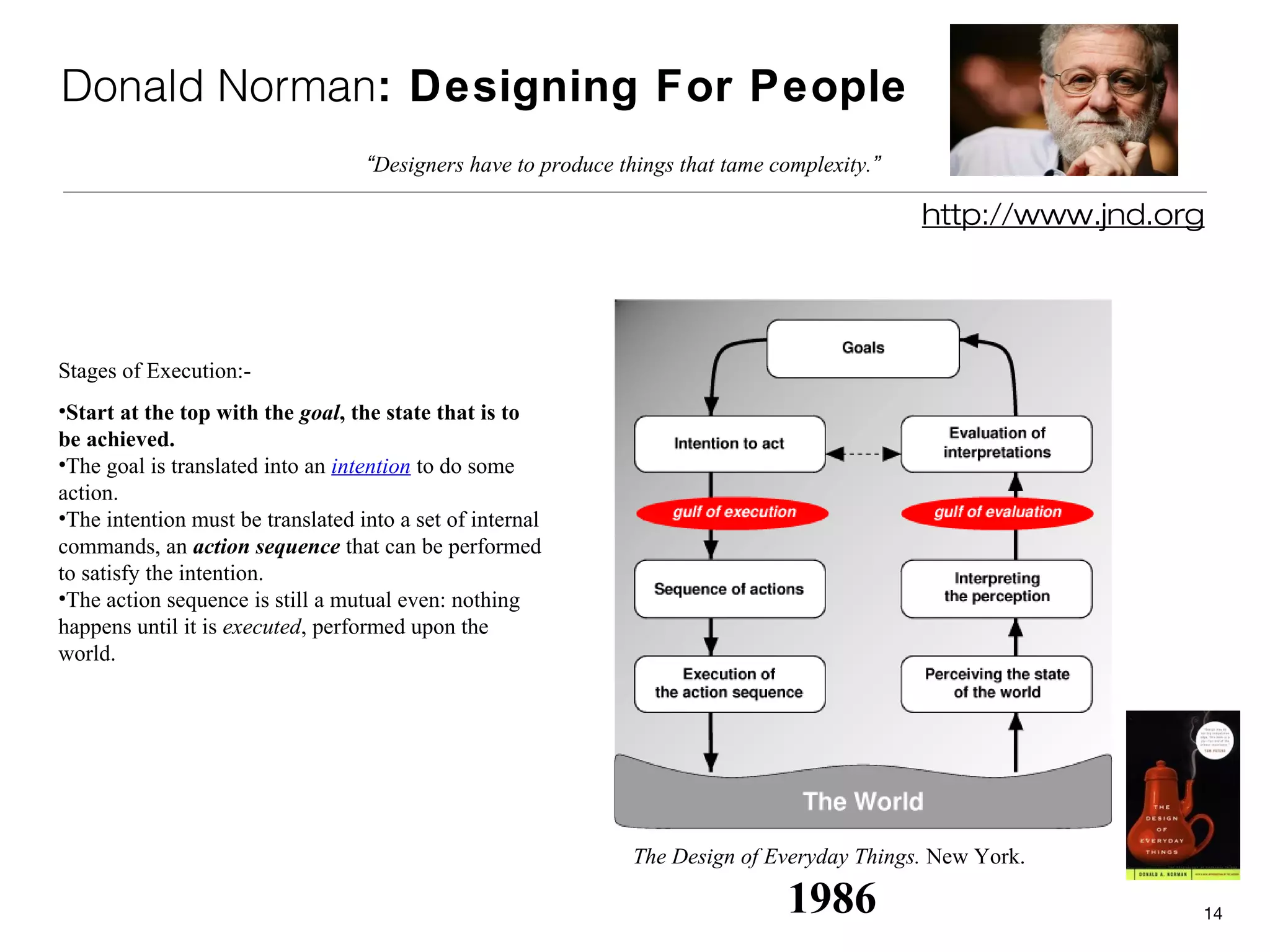 Donald Norman: Designing For People
                                   “Designers have to produce things that tame complexity.”

                                                                                              http://www.jnd.org




Stages of Execution:-
•Start at the top with the goal, the state that is to
be achieved.
•The goal is translated into an intention to do some
action.
•The intention must be translated into a set of internal
commands, an action sequence that can be performed
to satisfy the intention.
•The action sequence is still a mutual even: nothing
happens until it is executed, performed upon the
world.




                                                                The Design of Everyday Things. New York.

                                                                                1986                           14
 