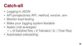 Catch-all
•   Logging in JSON
•   API perspectives: API, method, version, env
•   Monitor load testing
•   Make your logging system testable
•   Apdex (not averages)
    • = (# Satisfied Req + # Tolerated / 2) / (Total Req)
• Automated onboarding

                                                            19
 