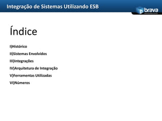 Integração de Sistemas Utilizando ESBÍndiceI)Histórico II)Sistemas Envolvidos III)Integrações IV)Arquitetura de Integração V)Ferramentas Utilizadas VI)Números 