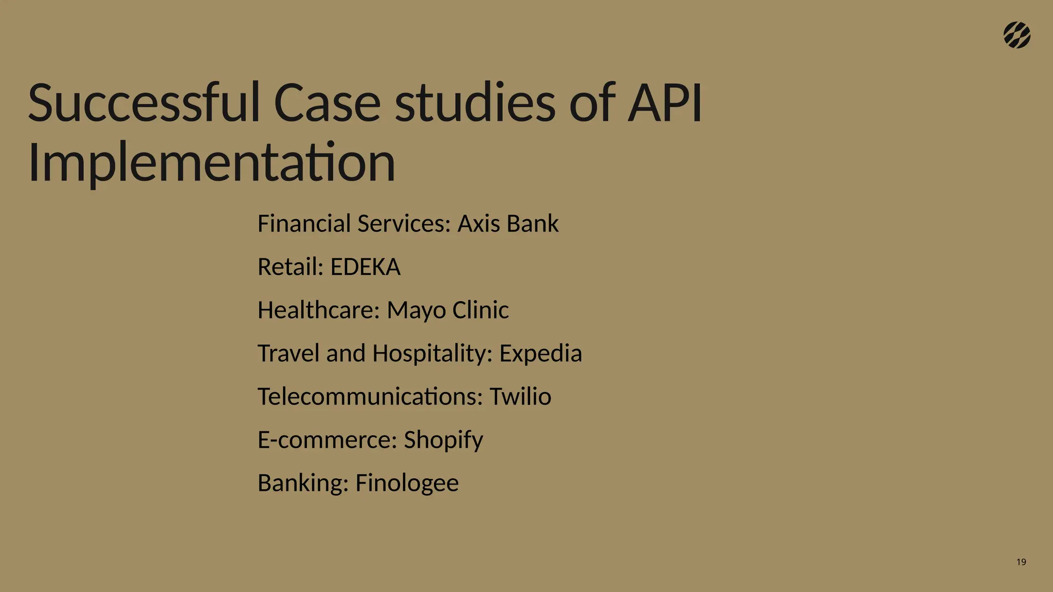 19
Successful Case studies of API
Implementation
Financial Services: Axis Bank
Retail: EDEKA
Healthcare: Mayo Clinic
Travel and Hospitality: Expedia
Telecommunications: Twilio
E-commerce: Shopify
Banking: Finologee
 