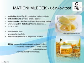 MATIČNI MLEČEK - učinkovitost
• antibakterijsko (G+,G-): maščobne kisline, rojalizin
• antioksidativno: proteini, fenolne spojine
• antitumursko: 10-HDA, nasičene dikarboksilne kisline,
• uravnavanje KS, diabetes (Kitajska, Japonska),
• ↓ LDL v krvi,
• funkcionalna živila,
• prehranska dopolnila,
• sestavina kozmetičnih in negovalnih izdelkov,
• EFSA: nedovoljena uporaba zdravstvenih trditev:
→ variabilna sestava MM → velike razlike
v biološki aktivnosti,
→ premalo znanstvenih dokazov.
(www.theskinnyconfidential.com)
(www.cebelarstvo-pislak.si)
 