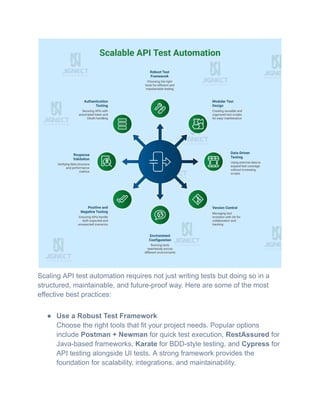 Scaling API test automation requires not just writing tests but doing so in a
structured, maintainable, and future-proof way. Here are some of the most
effective best practices:
●​ Use a Robust Test Framework​
Choose the right tools that fit your project needs. Popular options
include Postman + Newman for quick test execution, RestAssured for
Java-based frameworks, Karate for BDD-style testing, and Cypress for
API testing alongside UI tests. A strong framework provides the
foundation for scalability, integrations, and maintainability.
 