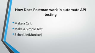 How Does Postman work in automate API
testing
•Make a Call.
•Make a SimpleTest
•Schedule(Monitor)
 